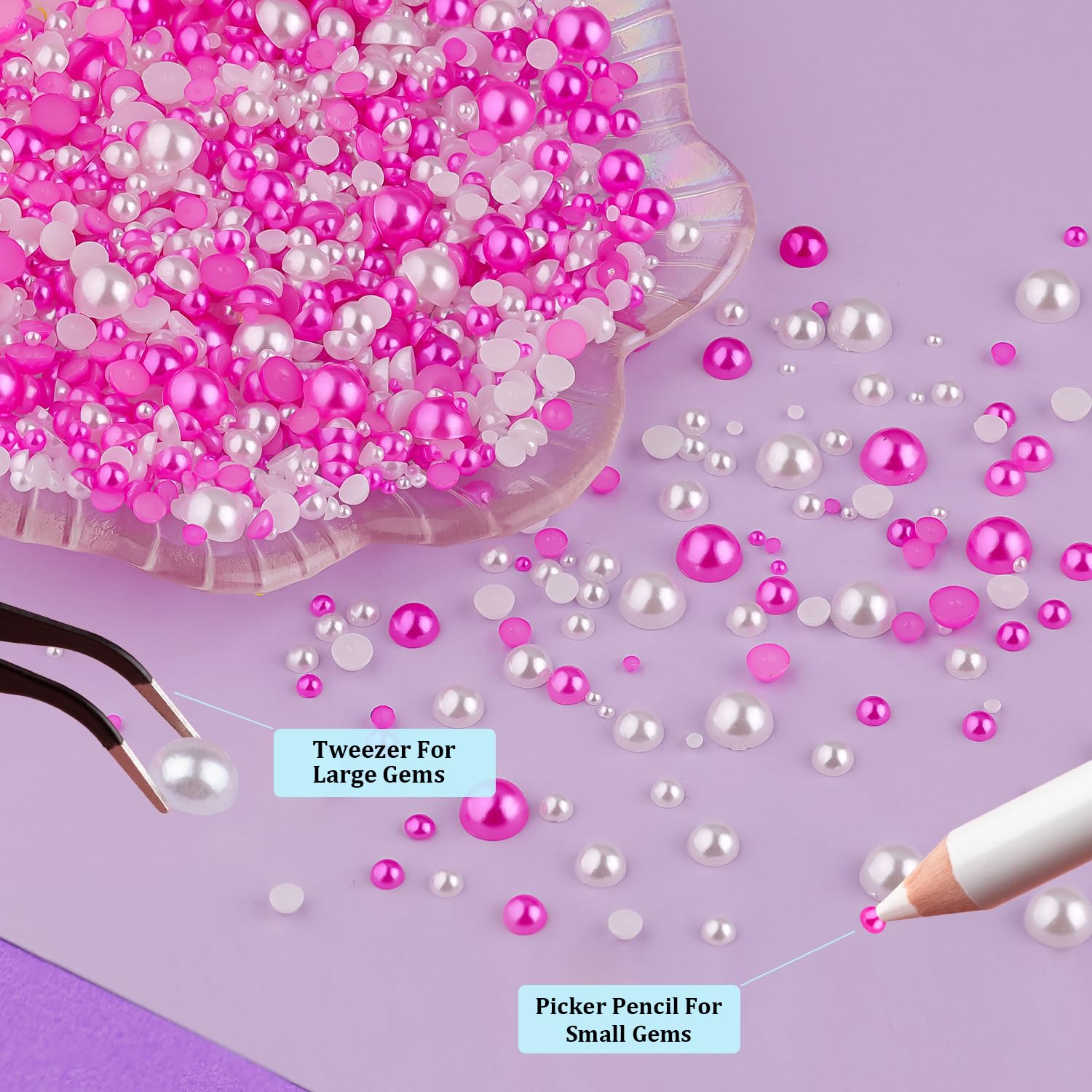 2 Boxes Flat Back Pearls Kit 9 2-8mm Flatback White&Rose Red Half Round Pearls with Pickup Pencil and Tweezer for Home DIY and Nail Art, Face Makeup and Craft