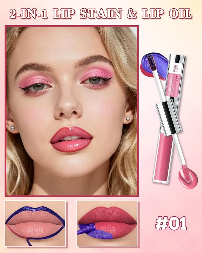Dual Ended 2 in 1 Peel Off Lip Stain & Lips Gloss Kit, Waterproof Long Lasting Qiciy Tattoo Lip Gloss Color Peel Off Lips Liner, Tinted Liquid Lipstick, Matte & Glossy Womens Makeup-01 Fuchsia Pink