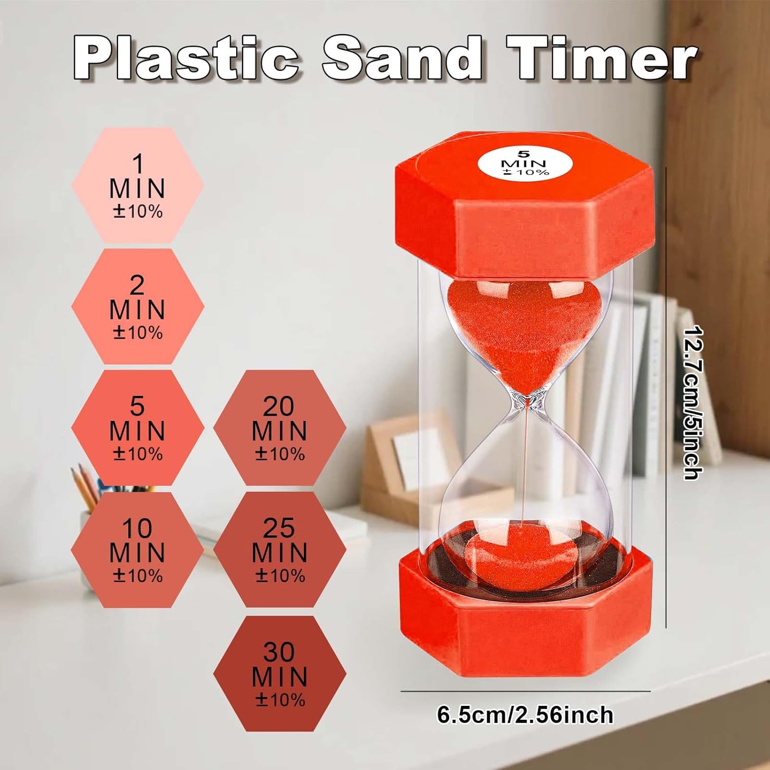 2 Minute Sand Timer Hourglass, Unbreakable Hexagon Plastic Sand Watch Reloj De Arena 2 Minutos, Colorful Hour Glass Sandglass for Classroom Games Kitchen (Red)