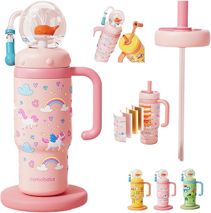 Stainless Steel Whale Fountain Tumbler with Handle 2025 Drinking Cup with Whale Squirt Insulated Travel Tumblers Kids Weighted Sippy Cup No Spill Cute Water Bottle with Lids and Straws Leak Proof (A3)