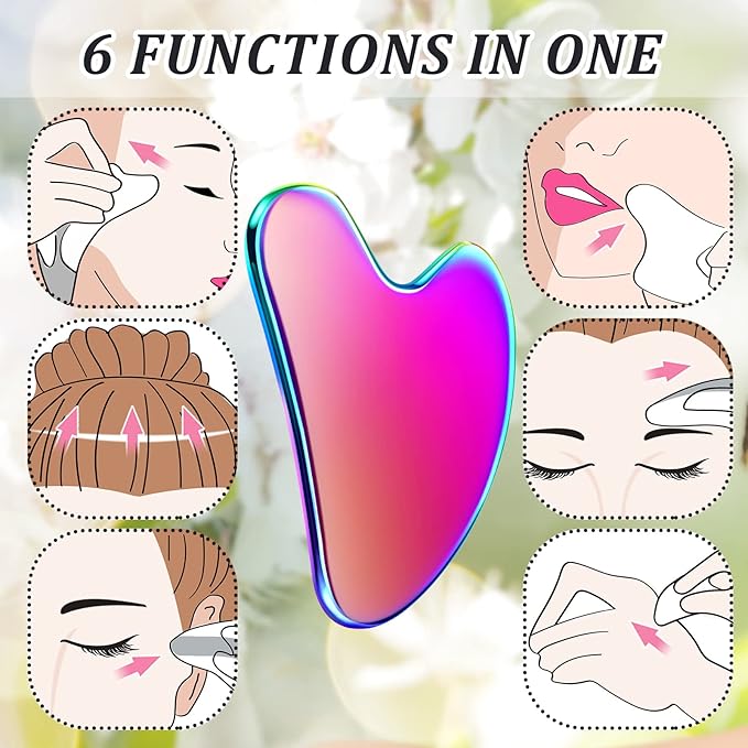 Nuanchu Stainless Steel Gua Sha Facial Tools Metal Guasha Tool for Face Body Jawline Shaper, Double Chin Reducer, Puffiness Reducing, Lymphatic Drainage Massager Skin Care Gift with Pouch(Rainbow)
