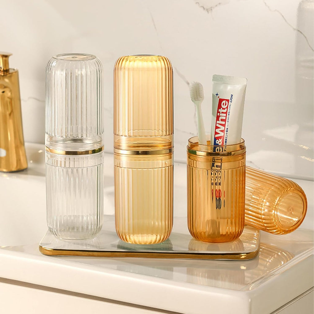 Travel Toothbrush Cup Case, Toothbrush Travel Container Portable Travel Toothbrush Holder Toothpaste Storage for School Camping Business Trip Bathroom (White,Gold)