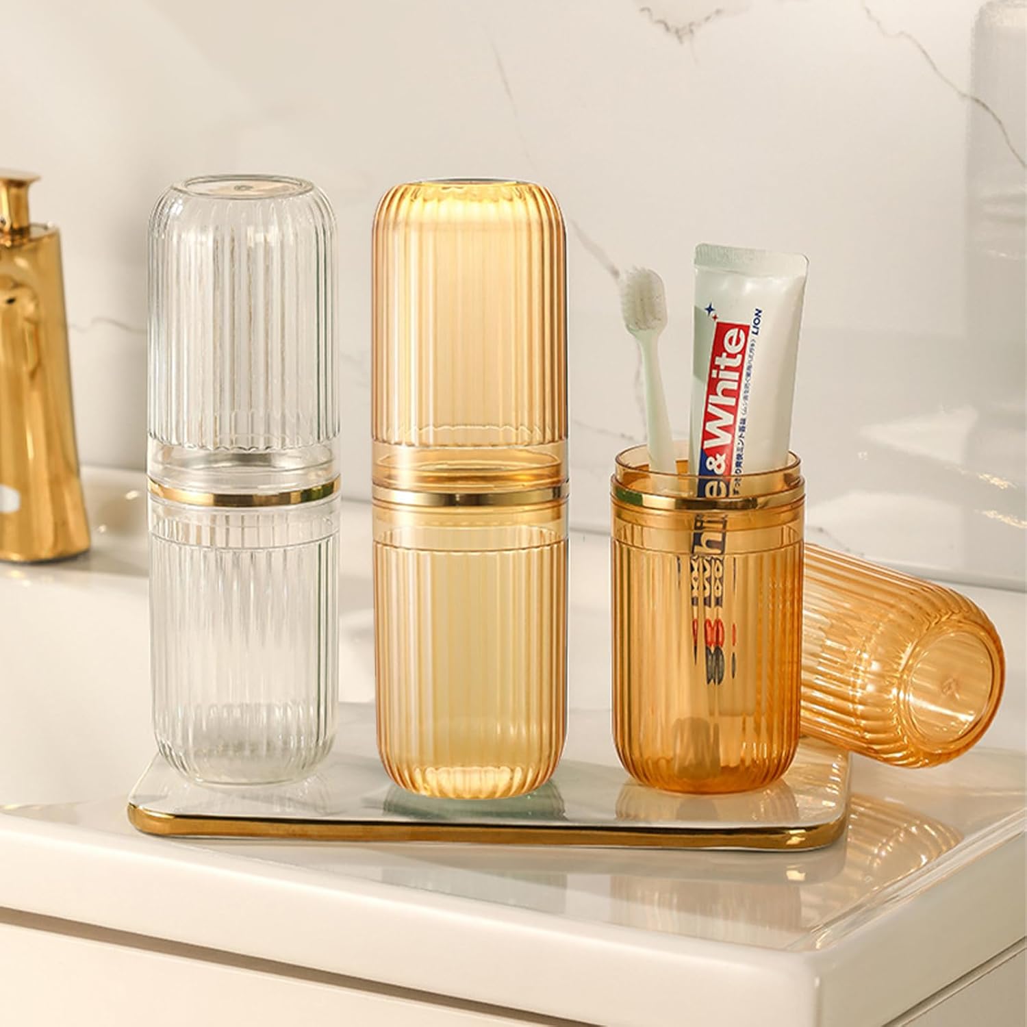 Travel Toothbrush Cup Case, Toothbrush Travel Container Portable Travel Toothbrush Holder Toothpaste Storage for School Camping Business Trip Bathroom (White,Gold)