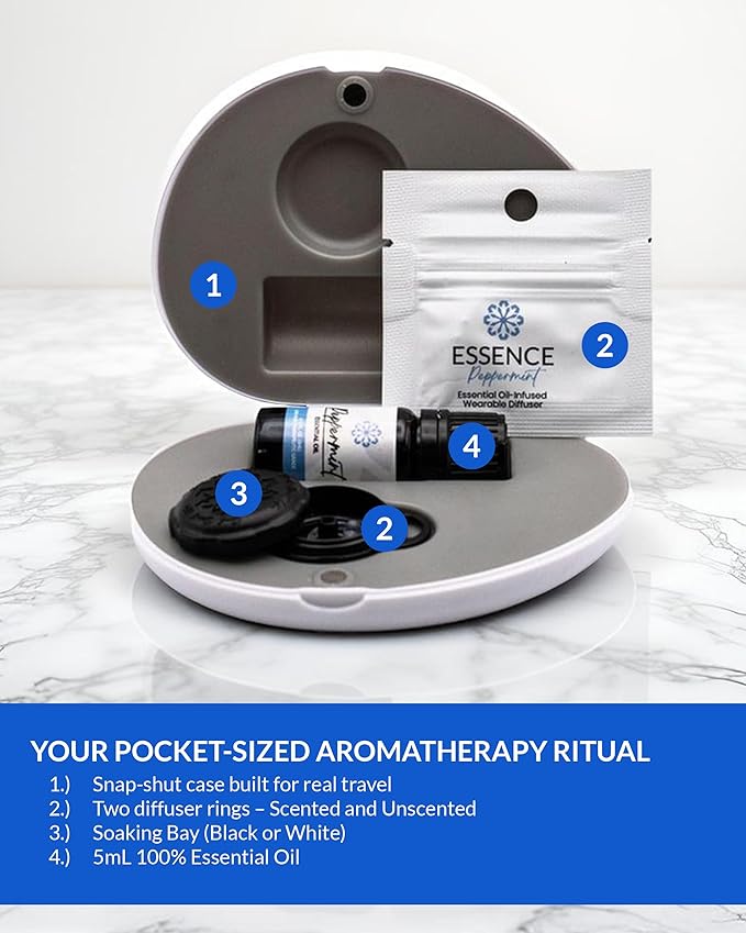 Essence Pearl Travel Case - Wearable Aromatherapy Kit with Nasal Diffuser Rings, Soaking Bay, and 5mL Essential Oil – Portable Wellness Gift Set for On?The?Go Self Care