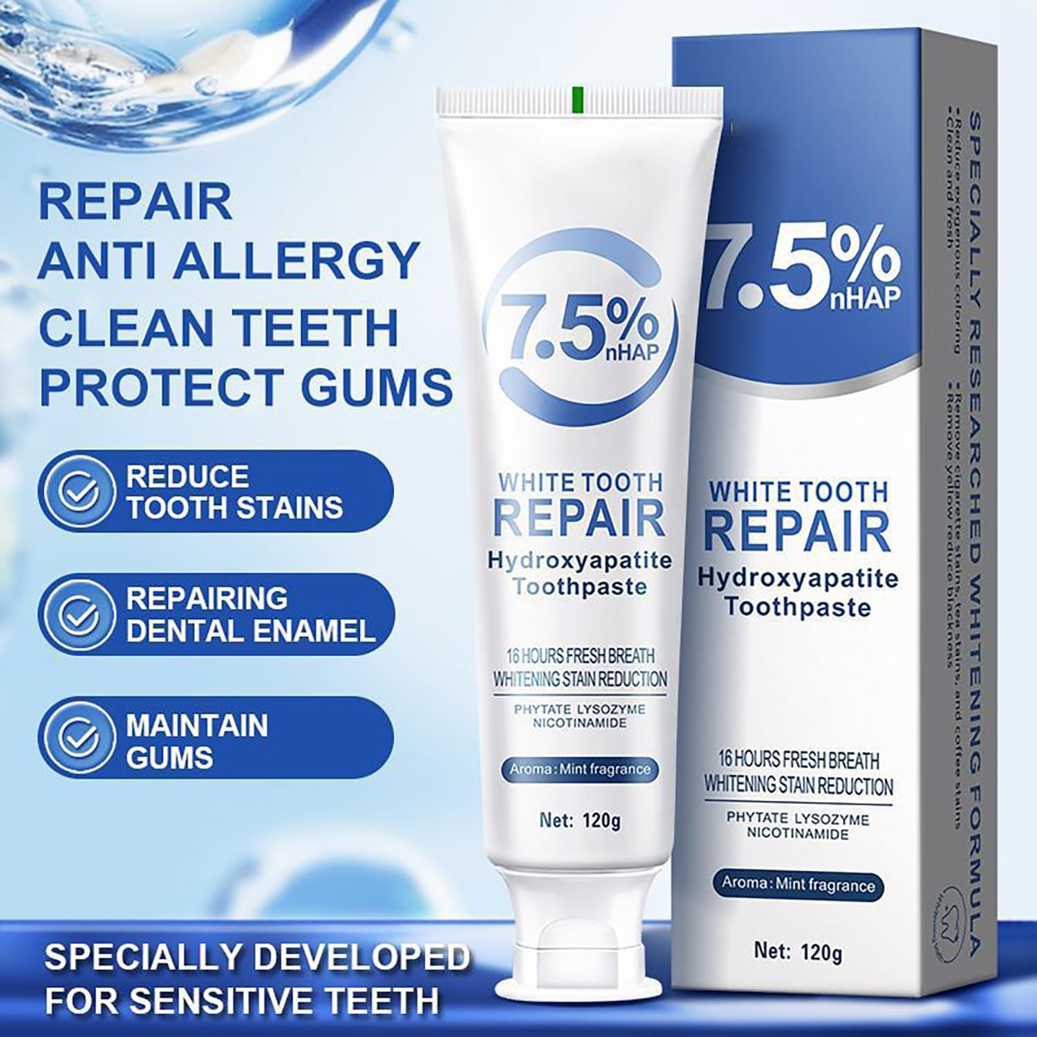 Hydroxyapatite Toothpaste 7.5%，ceelike hydroxyapatite Toothpaste for Enamel Protection and Tooth Strengthening，Mint Fragrance 16 Hours Fresh Breath，Hydroxyapatite Toothpastes Use for Oral Care 2 Pack