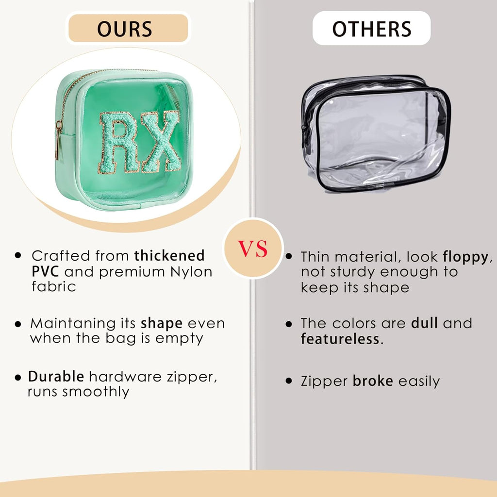 Small Chenille Letter Clear Medicine Makeup Bags,Nylon PVC Waterproof Rx Pouch with Metal Zipper, Cute Drug First Aid Travel Organizer for Women Girls(01Mint)