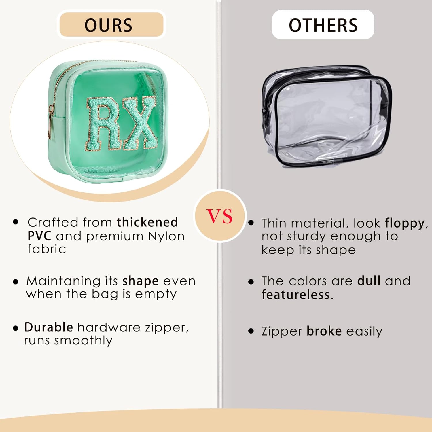 Small Chenille Letter Clear Medicine Makeup Bags,Nylon PVC Waterproof Rx Pouch with Metal Zipper, Cute Drug First Aid Travel Organizer for Women Girls(01Mint)