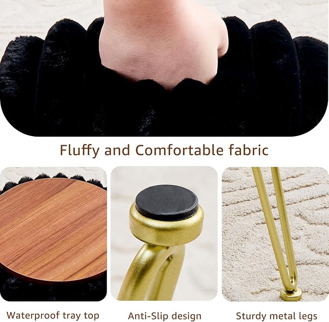 Wimarsbon Vanity Stool with Storage, Faux Fur Ottoman Chair with Metal Legs, Round Makeup Vanity Chair for Bedroom or Dressing Table, Modern Small Ottoman Seat (Black)