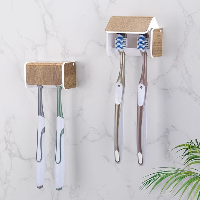2 PCS Toothbrush Holders Wall Mounted with Cover, Electric Tooth Brushing Holder for Bathroom, 2 Slots Self Adhesive Toothbrush Organizer, Toothbrush Stand for Family, Kids (2, Wood Grain)