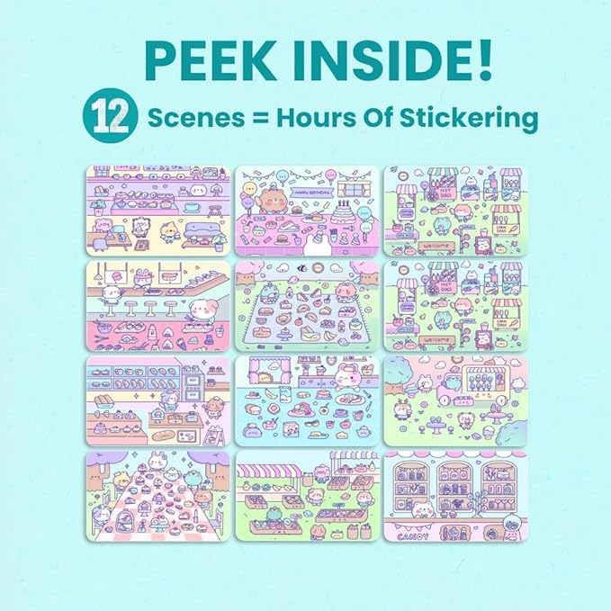 Girly Sticker Book Activity for Kids, Cute Foods Around Town by Cupkin, Toddler Airplane Travel Essentials, 500+ Stickers for Kids 12 Scenes + Coloring Book Pages, Crafts Ages 2-8