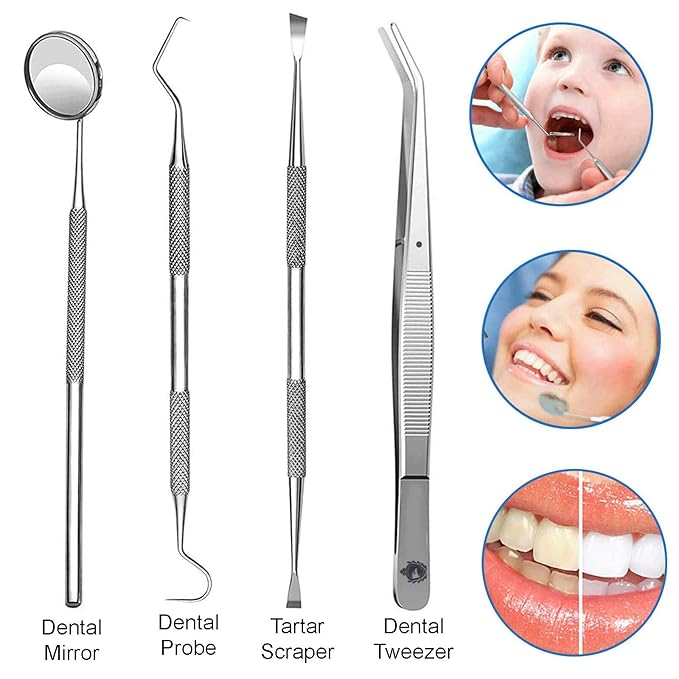 Professional Dental Tools - Dental Pick, Dental Scaler for Tartar Plaque Remover Tooth Cleaner Teeth Scraper Dentist Hygienist Kit Sickle Scaler Teeth Cleaning Set Stainless Steel 4 Pc By Krisp Beauty