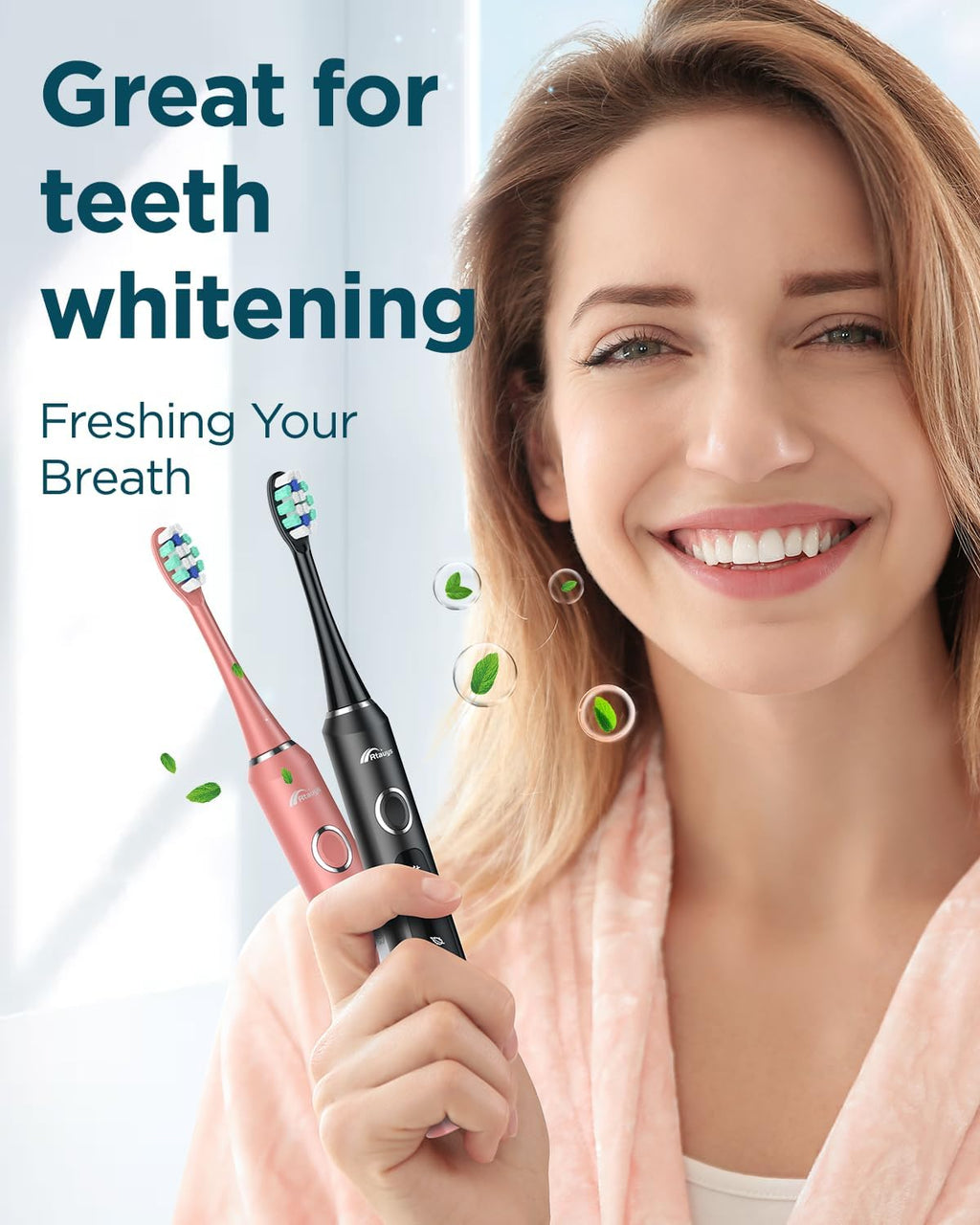 Rtauys 2 Pack Electric Toothbrush for Adults - 2 Rechargeable Electric Toothbrushes with 12 Brush Heads & 2 Travel Cases, Power Electric Toothbrush with Holder, 120 Days Battery Life - Black+Rosered