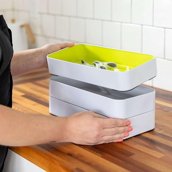 Three by Three Seattle 6 Piece Metal Organizer Tray Set for Storing Makeup, Stationery, Utensils, and More in Office Desk, Kitchen and Bathroom Drawers (2 Inch, Berry, Sunset, Blue, Stripes)