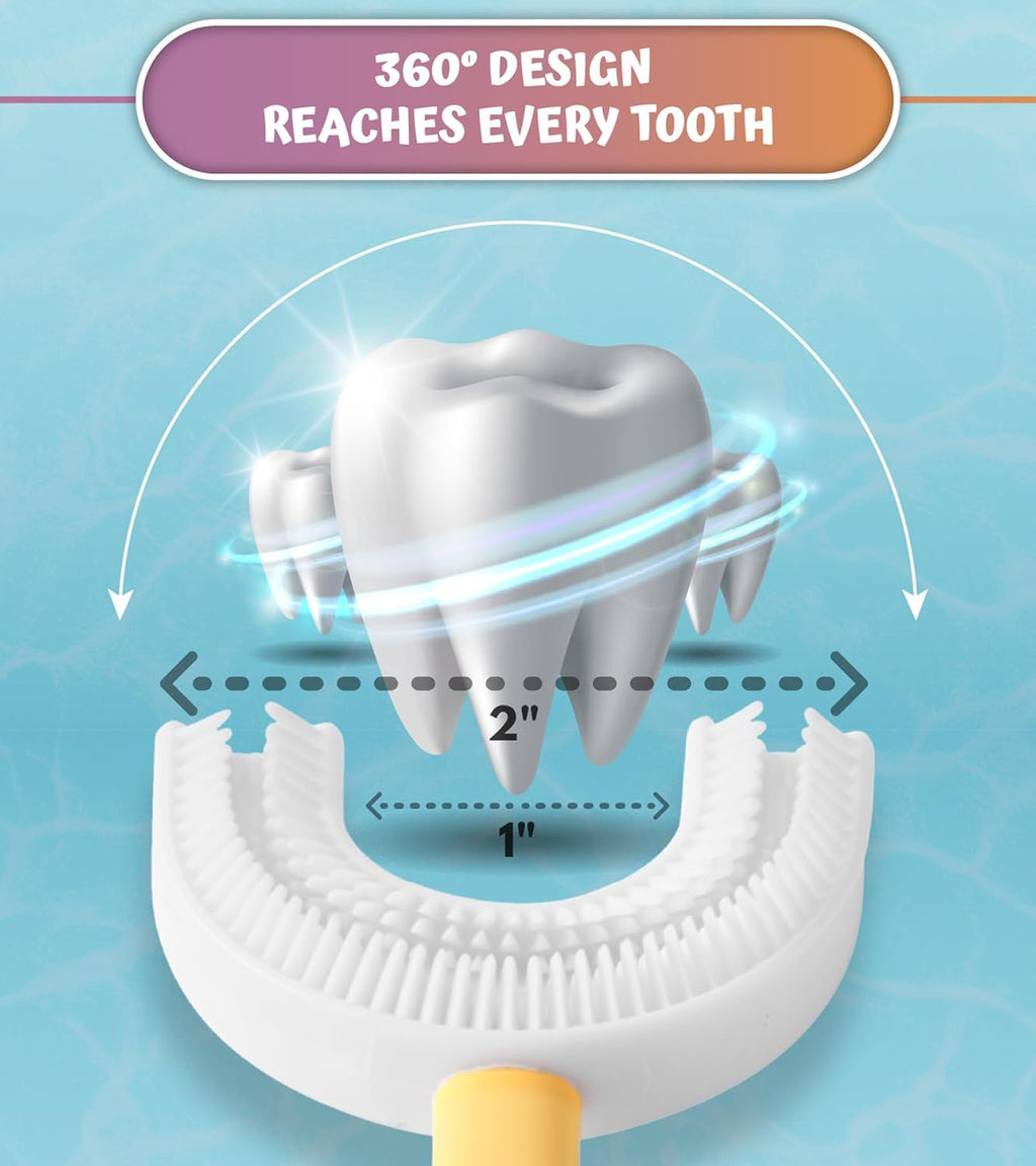 U Shaped Toothbrush Kids 6-12 Years Old- Two Premium Soft Toothbrushes Come with Travel Case & - Rounded Tooth Brushes Kids Size Head Makes Brushing Fun & Easy - 1 Purple, 1 Yellow