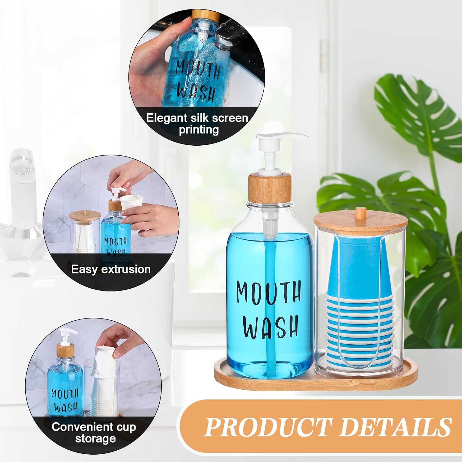 1 Set Mouthwash Dispenser for Bathroom 17 Oz Refillable Mouth Wash Pump Bottle Paper Cup Holder with Bamboo Lid and Tray Clear Mouthwash Container for Bathroom Vanity Kitchen Sink