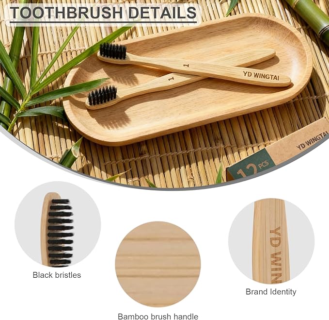 Bamboo Toothbrush Biodegradable WoodenToothbrushes 12pack Natural Travel Size Organic Charcoal Tooth Brush