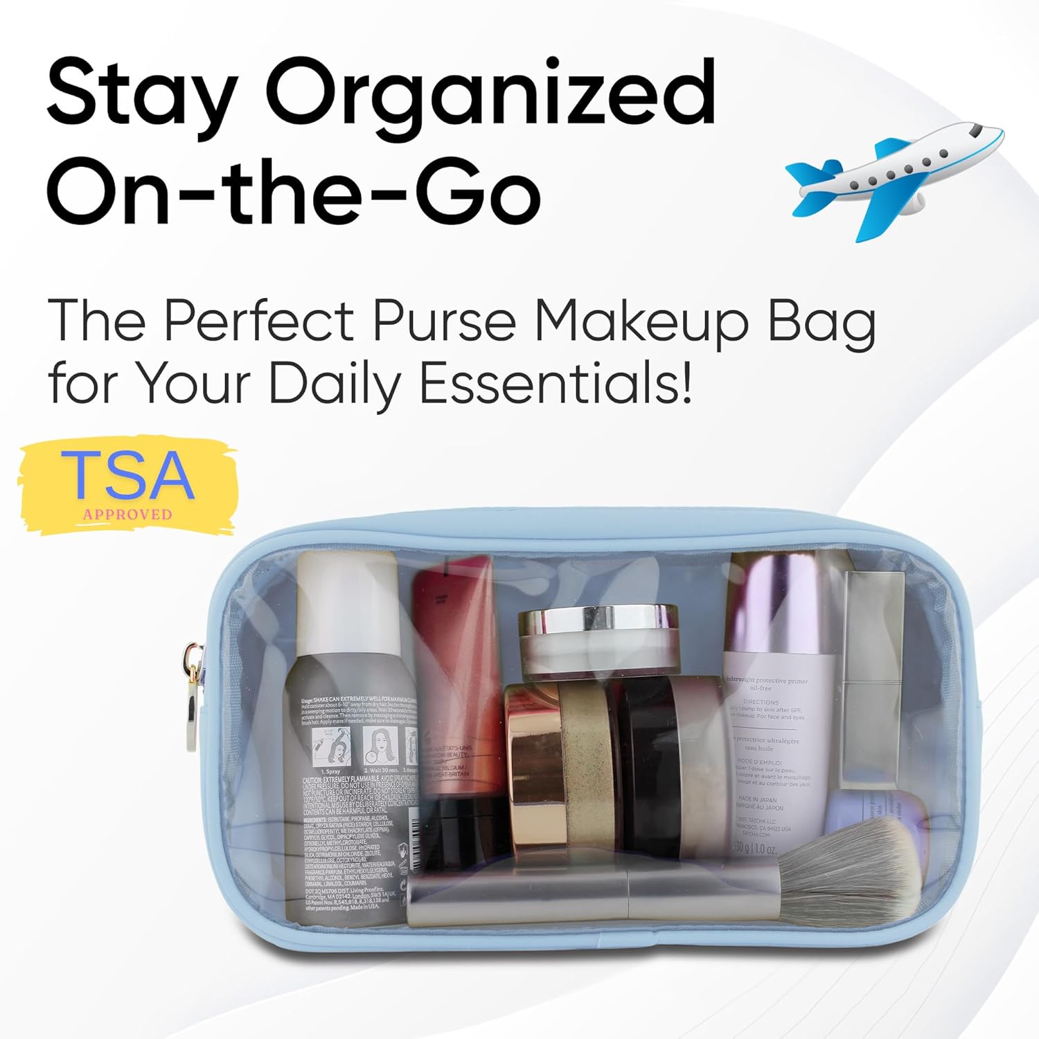 Small Clear Makeup Bag – Mini Pouch for Purse, Cosmetic Travel Case, Clear Cosmetic Bag, Light Blue Mini Makeup Bag, Compact Pouch for Purse