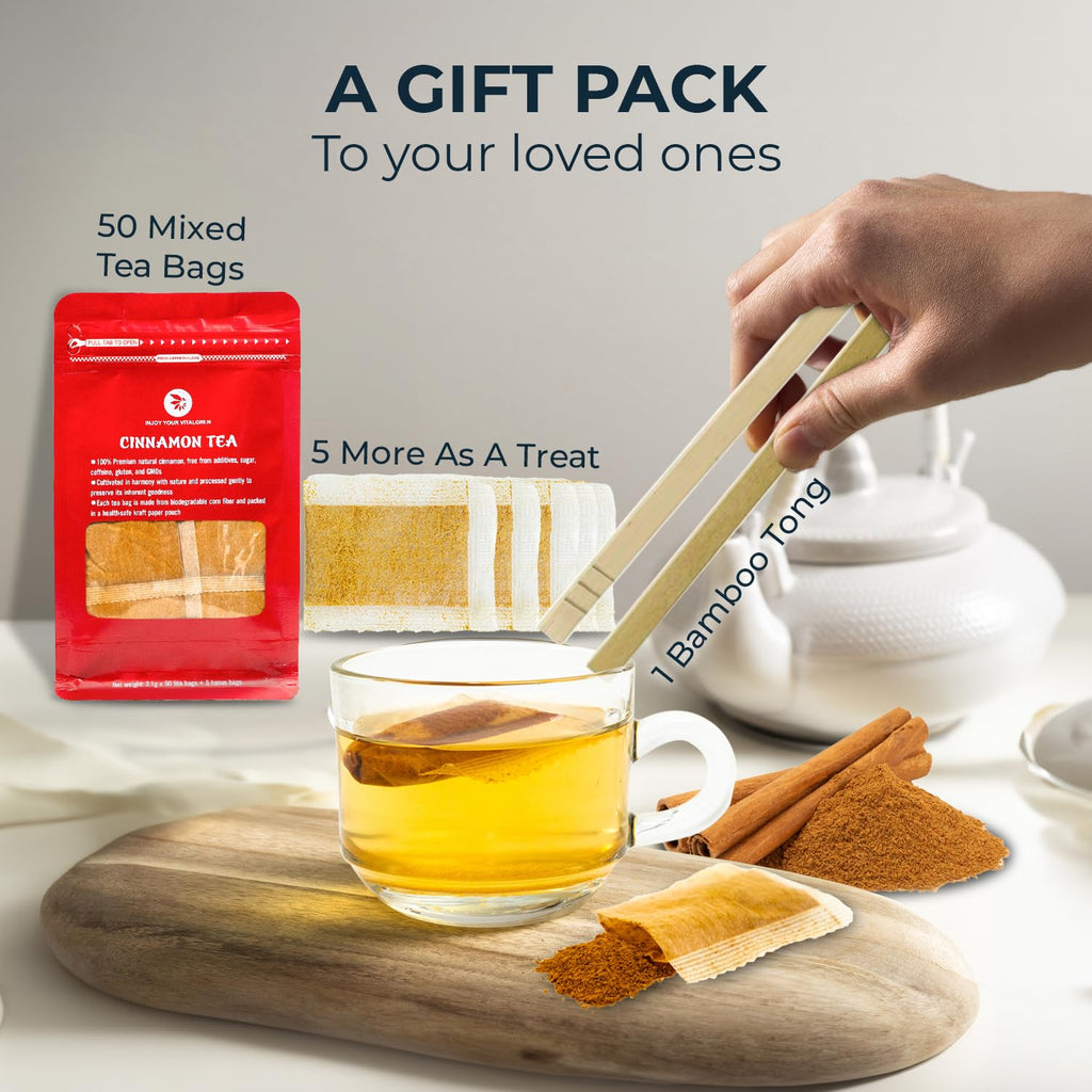 Cinnamon Tea Bags - 55 Count (+5 Tea Bags) Bamboo Tong Included - 5.11 oz, Re-Steep Warm & Spicy Heat Herbal Tea, Calm Stomach & Detox, Support Body, Strength and Health, Cinamon
