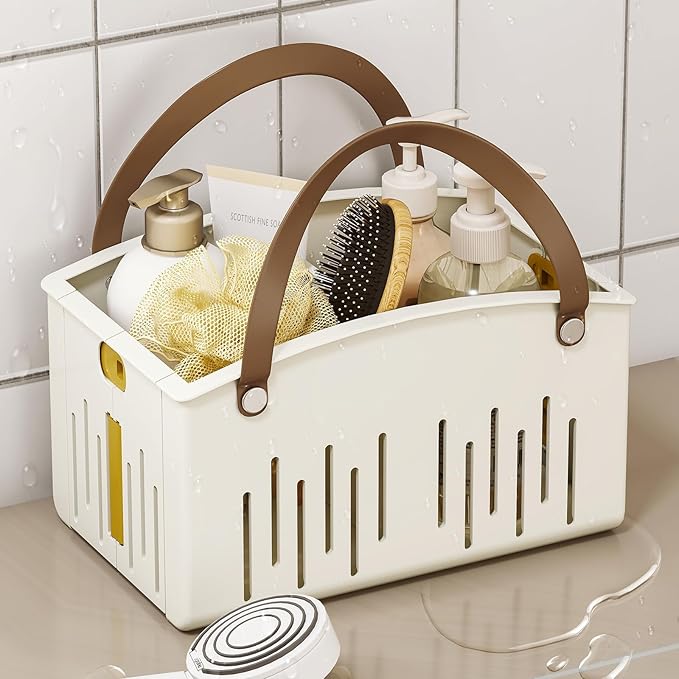 Delamu Portable Shower Basket Caddy with Double Handle Foldable Dry Wet Separation Design 11.0 × 7.1 × 6.5in, Travel, Camping, Gym, College Bathroom Tote, White, Ideal Christmas Gifts for Girls