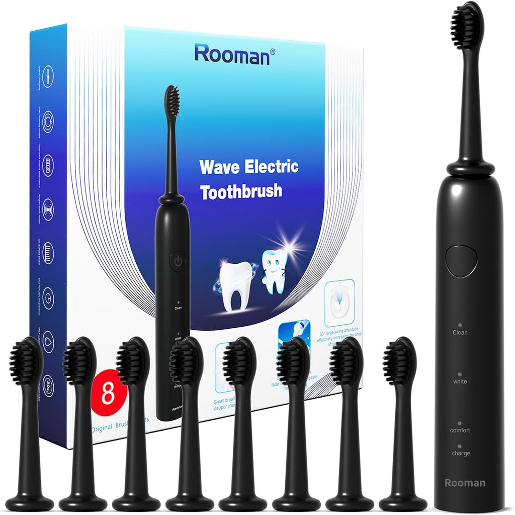 Rooman Oscillation&Vibration Sonic Electric Toothbrush for Adults, with 8 Brush Heads for Travel & Teeth Care, 20000 VPM, 3 Cleaning Modes, 2-Minute Timer, IPX7 Waterproof (Black)