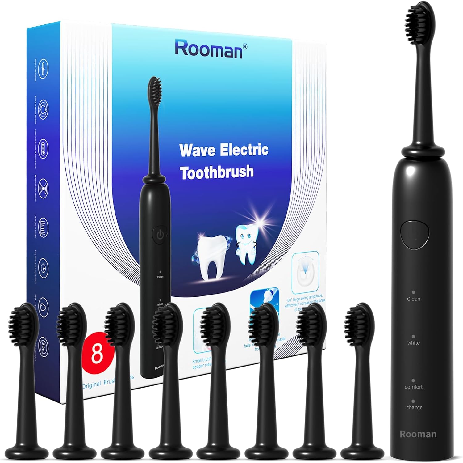 Rooman Oscillation&Vibration Sonic Electric Toothbrush for Adults, with 8 Brush Heads for Travel & Teeth Care, 20000 VPM, 3 Cleaning Modes, 2-Minute Timer, IPX7 Waterproof (Black)