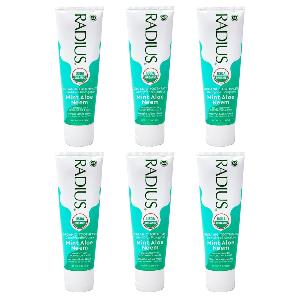 Radius Toothpaste, Mint Aloe Neem, 3 oz, USDA Organic Non-Toxic Chemical-Free Gluten-Free, Designed to Improve Gum Health & Prevent Cavities, Pack of 6