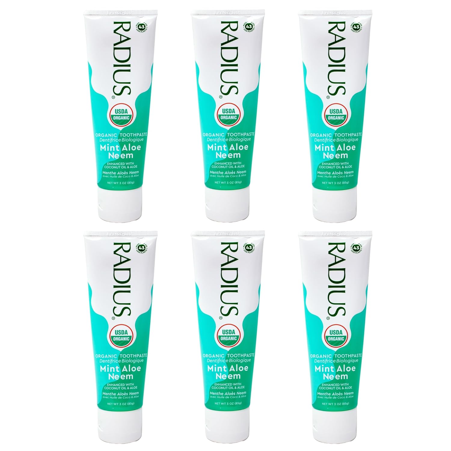Radius Toothpaste, Mint Aloe Neem, 3 oz, USDA Organic Non-Toxic Chemical-Free Gluten-Free, Designed to Improve Gum Health & Prevent Cavities, Pack of 6