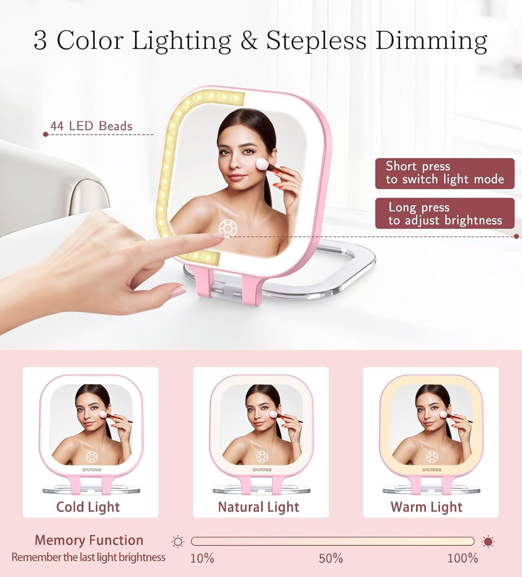 Shinowa Rechargeable Travel Makeup Mirror with 44 LED Lights, 1X/10X Magnifying Vanity Mirror with 3 Color Light, Folding Stand, 4 Inch Portable Dimmable Double Sided Compact Lighted Mirror, Pink