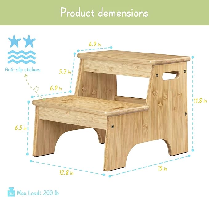 Forbena Wooden Bathroom Step Stool for Toddlers, Heavy Duty Kids 2 Step Stool for Bathroom Sink Kitchen Counter, Bamboo Wood Non-Slip Baby Children Potty Stepping Stool Seat with Handles for Toilet