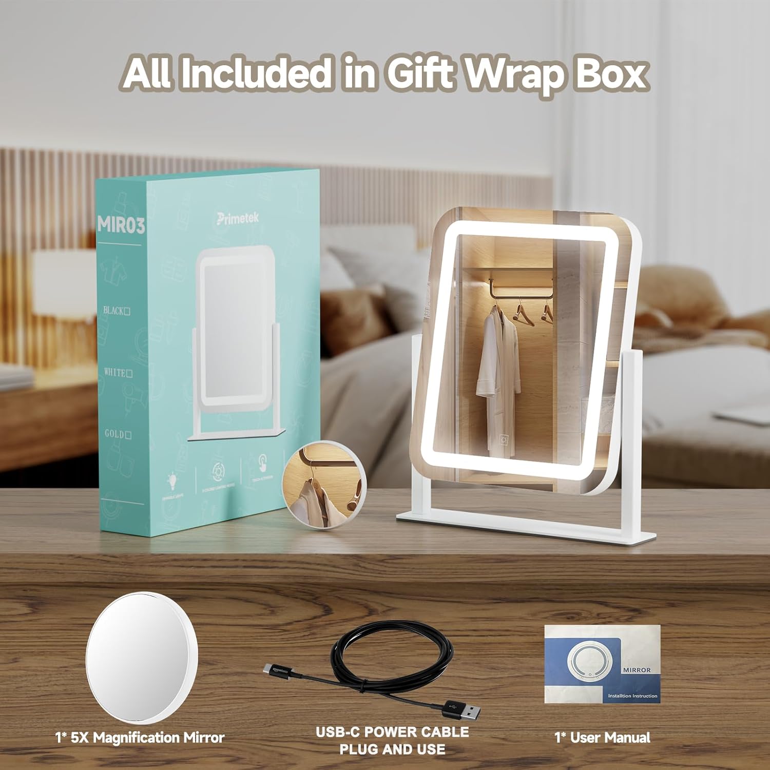 PRIMETEK Vanity Mirror with Lights, 16"x14" Large LED Lighted Makeup Mirror, Hollywood Makeup Mirror, Touch Screen, 3-Color Lighting, 5X Magnification, for Vanity Desk Tabletop, Bedroom, White