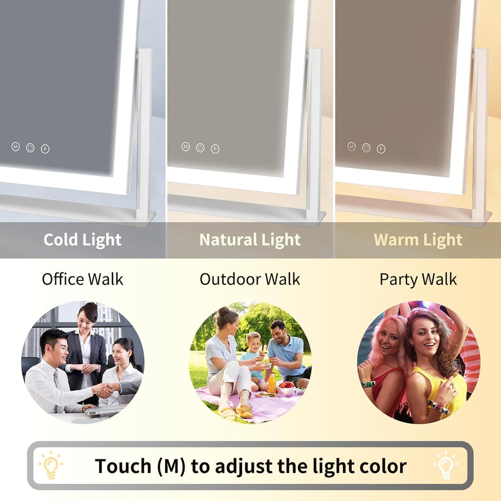 Vanity Mirror with Lights, Three Colors Lighting Mode, 360°Rotation, Lighted Makeup Mirror wih Stand for Desk, Bedroom, Dorm, 11x14.5 Inch