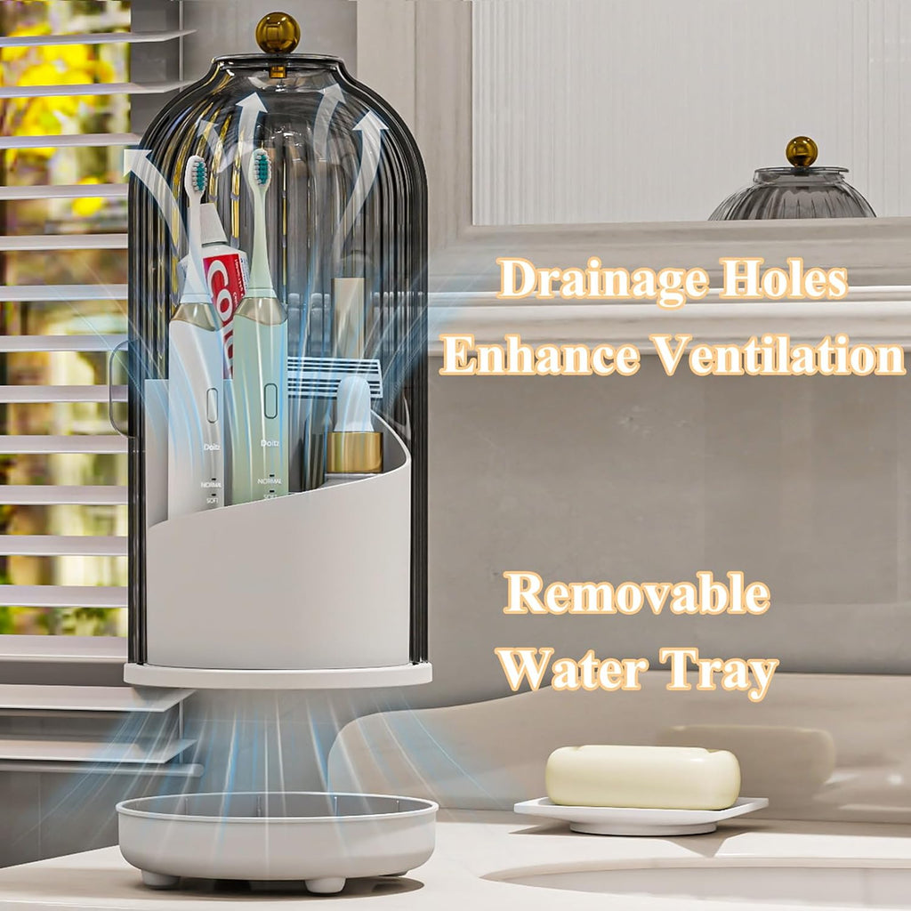 Toothbrush Holders with Cover, Drainage Rotating Electric Toothbrush Organizer, 3 Slots Tooth Brush Holder for Bathroom Counter, Grey White