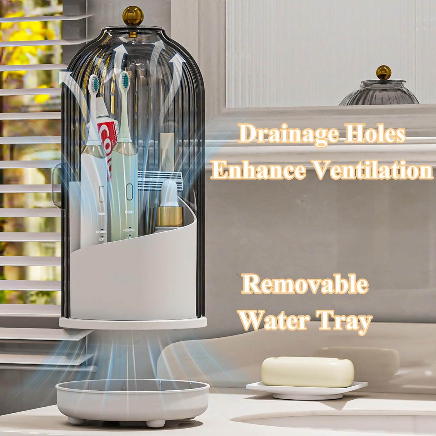 Toothbrush Holders with Cover, Drainage Rotating Electric Toothbrush Organizer, 3 Slots Tooth Brush Holder for Bathroom Counter, Grey White