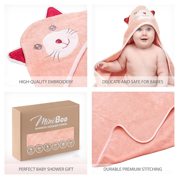 MINIBOO Hooded Baby Towels for Newborn & Toddler - Super Soft Baby Bath Towels with Hood, Highly Absorbent Viscose Made from Bamboo Hooded Towel for Girls, Newborn Essentials.