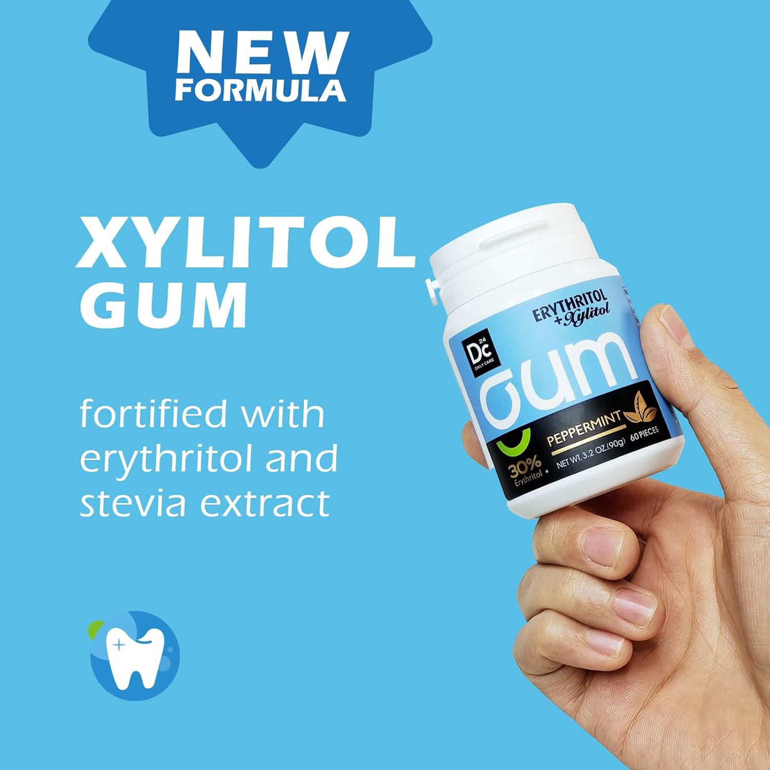 DC24 DAILY CARE Xylitol Chewing Gum with Erythritol, Aspartame Free & Sugar Free Gum, Low-Calorie, Sugarless, Natural Peppermint, 60 Pieces (Pack of 1)