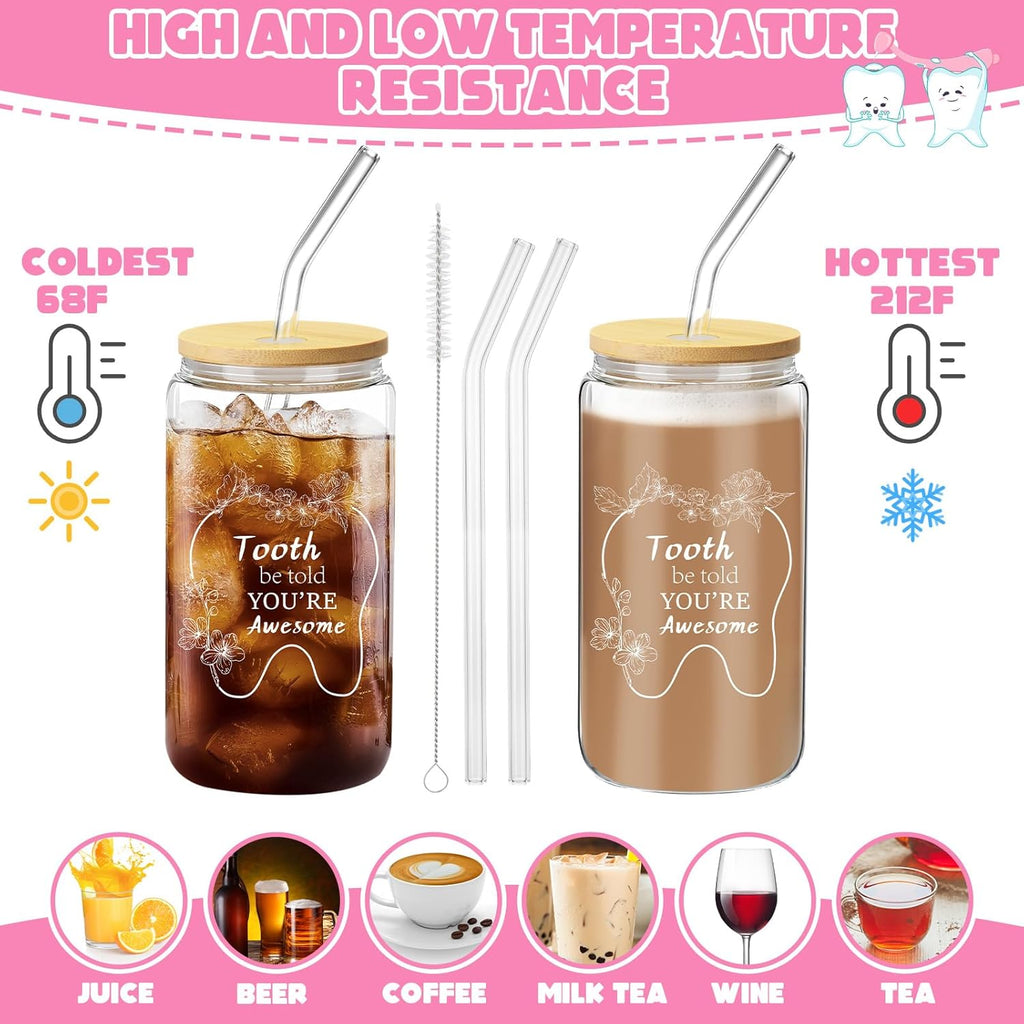 Pickmesh 6 Pcs Dental Gifts Nurse Assistant Hygienist Gifts 16 oz Glass Cups with Lid Makeup Bag Smiling Tooth Shape Felt Badge Holder Ceramic Pen Toothbrush Pot for Women Coworkers (Pink)