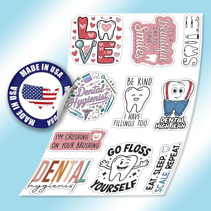 10pcs Dental Hygiene Sticker Sheet, Cute Vinyl Decals for Dental Hygienists, Office Staff, Oral Health Advocates, Waterproof, UV-Resistant, for Laptop, Water Bottle, Journal, Notebook, Clipboard