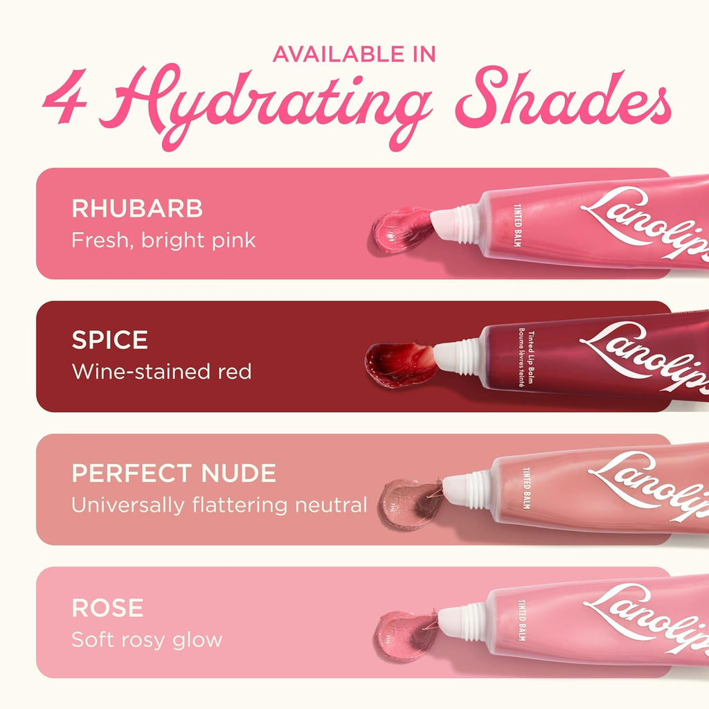 Lanolips Tinted Lip Balm - Moisturizing, Color-Tinted Balm with Lanolin & Vitamin E for Dull, Dry, Cracked Lips, Rhubarb (12.5g / 0.44oz)