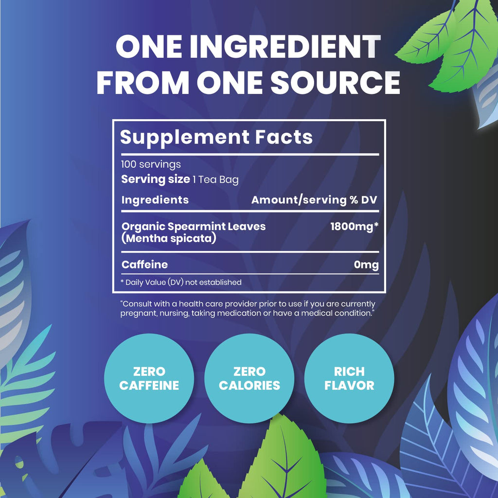 Organic Spearmint Herbal Tea — 100 Tea Bags | Grown in USA | Eco-Friendly Tea Bags | Non-GMO Caffeine Free Tea | Cederberg Tea Company