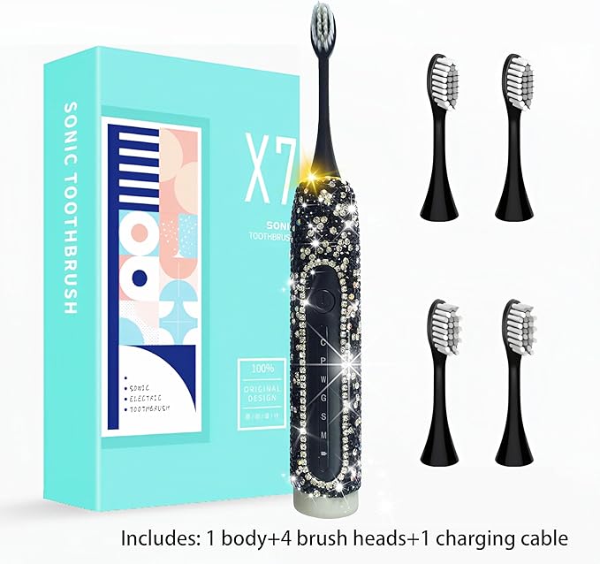 Electric Toothbrush for Woman Black Bling Diamond Decor Everyday Luxury Limited Edition Portable Travel Essentials for Women Black Toothbrush with 3 Replacement Heads 6 Modes
