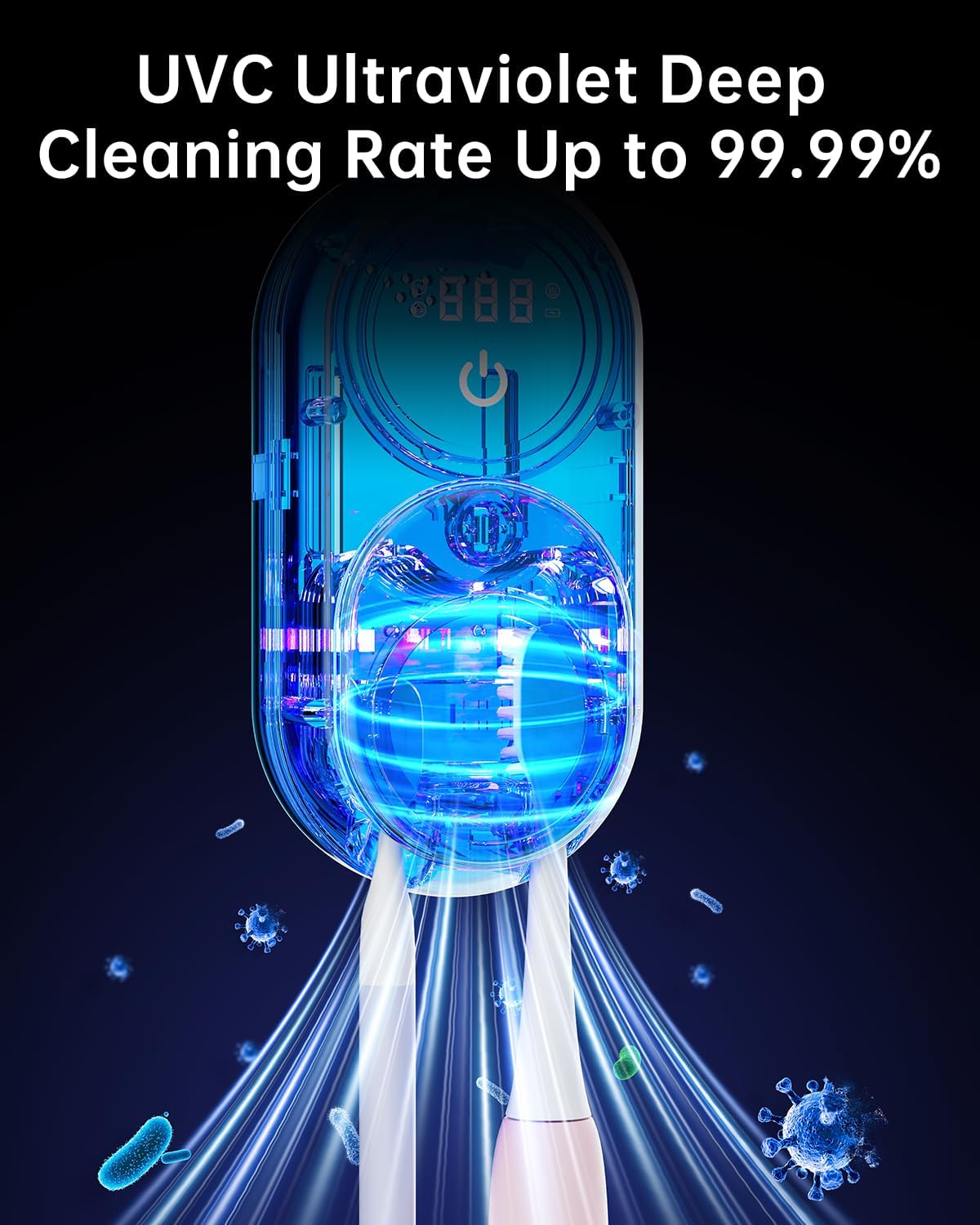 Toothbrush Holder & Toothbrush Cleaner, UV Toothbrush Sanitizer and Holder 2 Slots, Cleaning and Fan & Heat Drying, LED Smart Screen, Wall Mounted Tooth Brush Holder for Bathrooms (White)