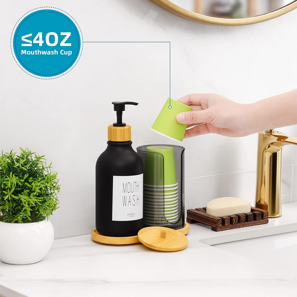 VITVITI Mouthwash Dispenser for Bathroom, Mouth Wash Pump Bottle with Paper Cup Holder, 17Oz Refillable Black Mouthwash Container with Bamboo Lid/Tray/Label