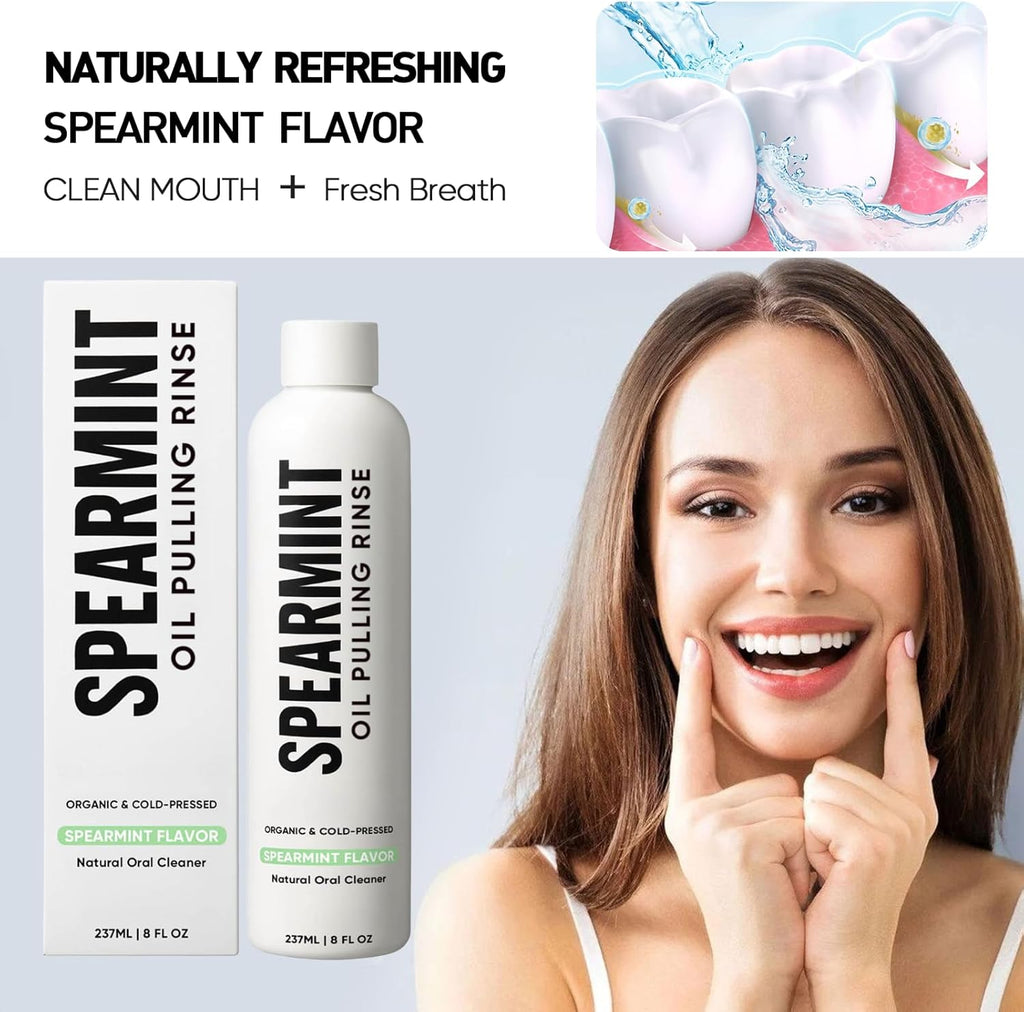 Spearmint Oil Pulling Rinse – with Organic Cold-Pressed Coconut Oil ＆ Mentha Haplocalyx Oil, Natural Mouthwash for Fresh Breath, Healthy Gums & Teeth Whitening, 8 fl oz (1)