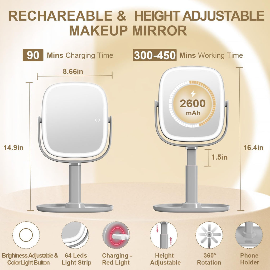 Mocado Makeup Mirror with Lights, 1X/20X Magnifying Mirror with Light, Vanity Mirror with 3 Colors Lights, Height Adjustable Lighted Makeup Mirror, Double Sided 360°Rotation, Memory Function (Grey)