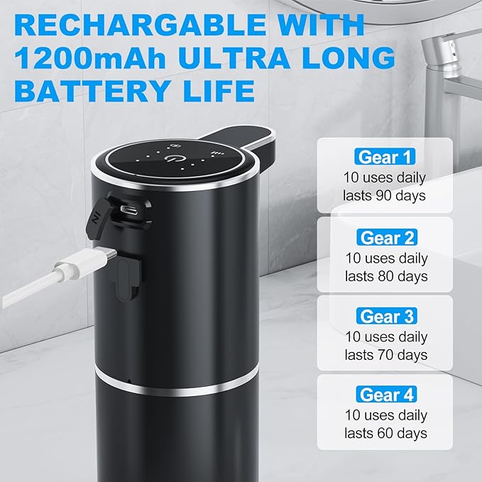 Automatic Soap Dispenser, Stainless Touchless Dispenser, 12.8 fl.oz. for Liquid Soap, 1200mAh Soap Dispensing Levels Wall Mounting for Kitchen Washbasin Bathroom Bathtub, Matte Black