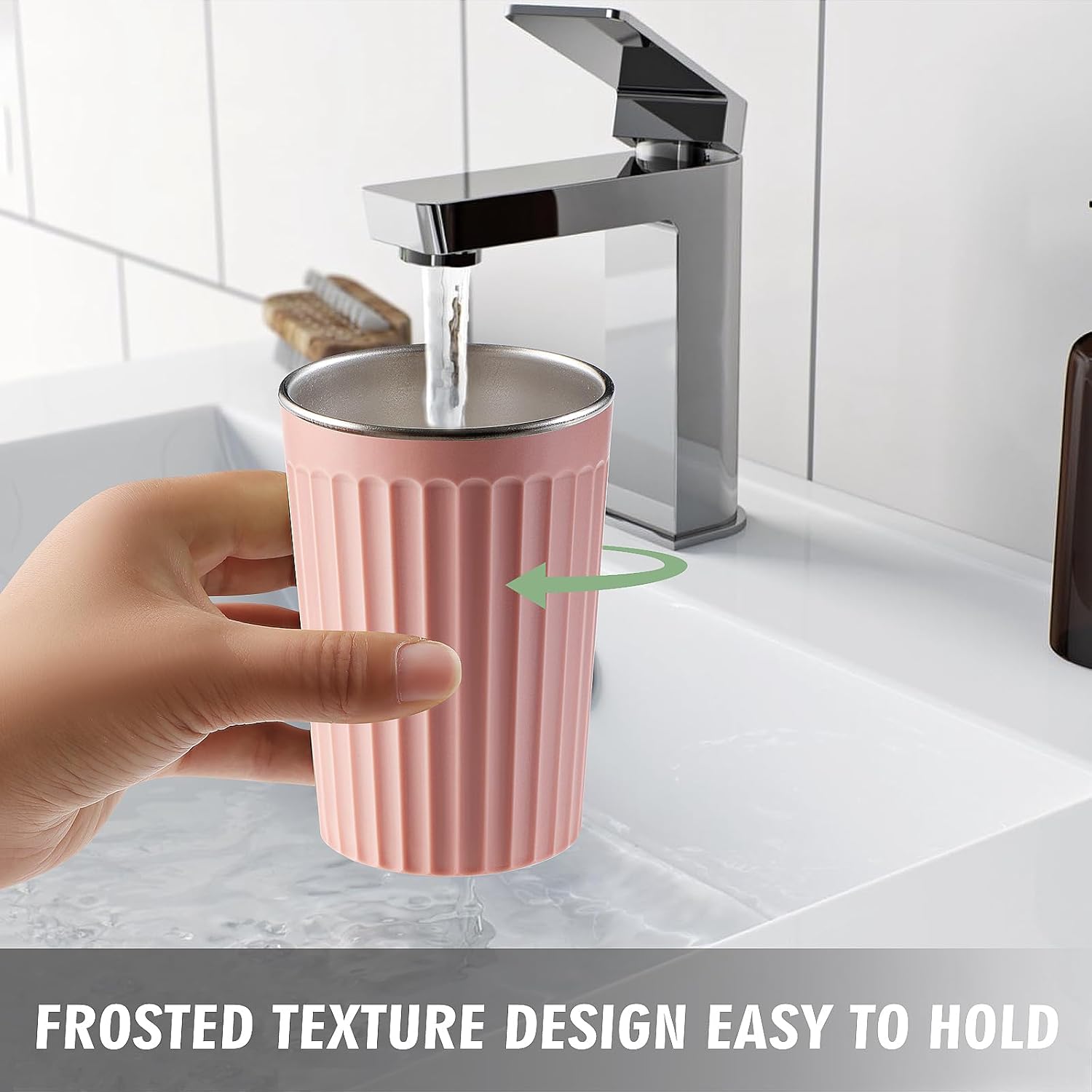 Toothbrush Holder for Bathroom-12oz Unbreakable Stainless Steel Bathroom Cup,Easy to Clean Toothbrush Cup, Reusable Bathroom Tumbler Cups for Home/School/Office(3" x 4.5") (Pink)