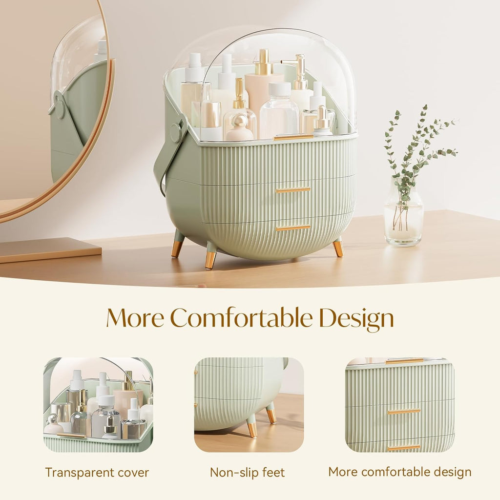 Makeup Organizers, Make Up Organizer for Vanity, Countertop Cosmetic Storage with Drawers and Transparent Cover for Bedroom Bathroom, Light Green