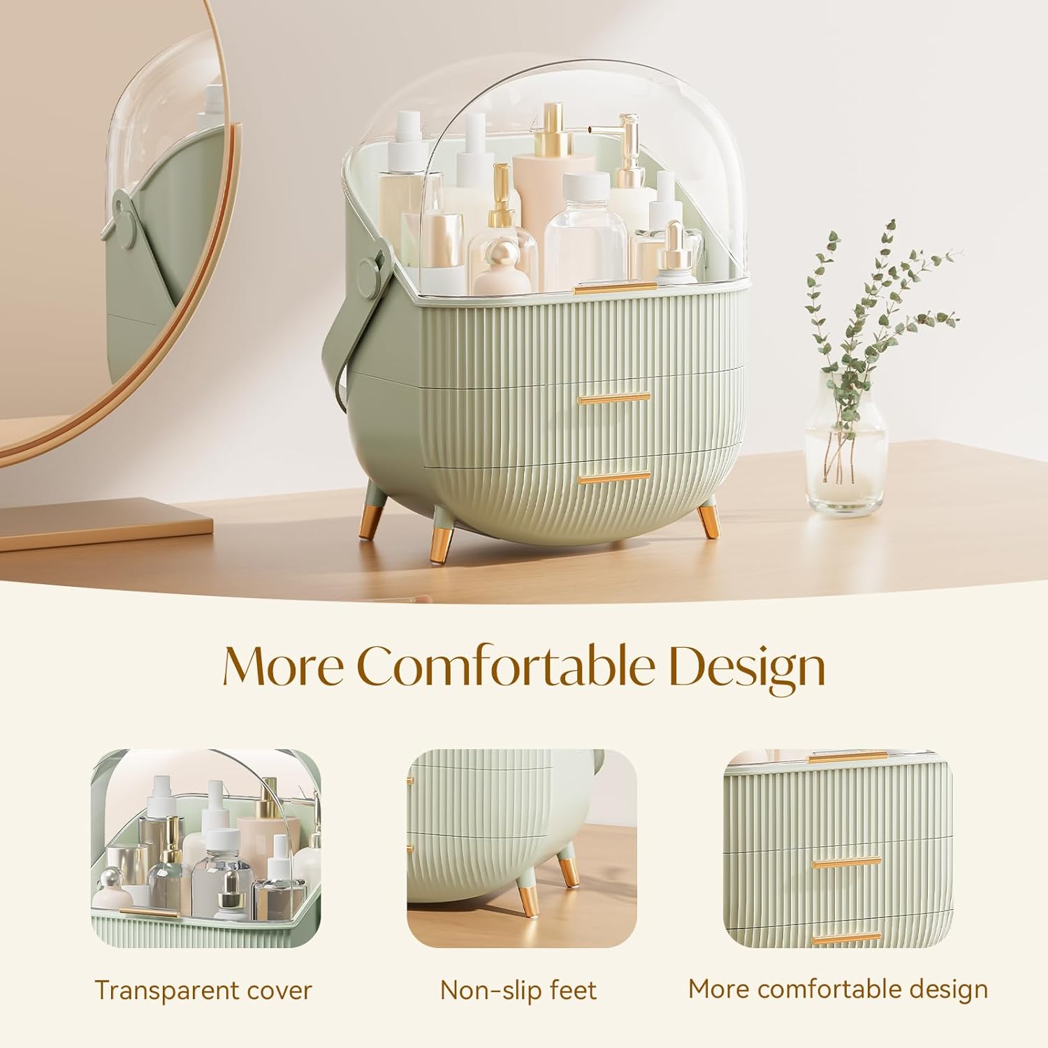 Makeup Organizers, Make Up Organizer for Vanity, Countertop Cosmetic Storage with Drawers and Transparent Cover for Bedroom Bathroom, Light Green