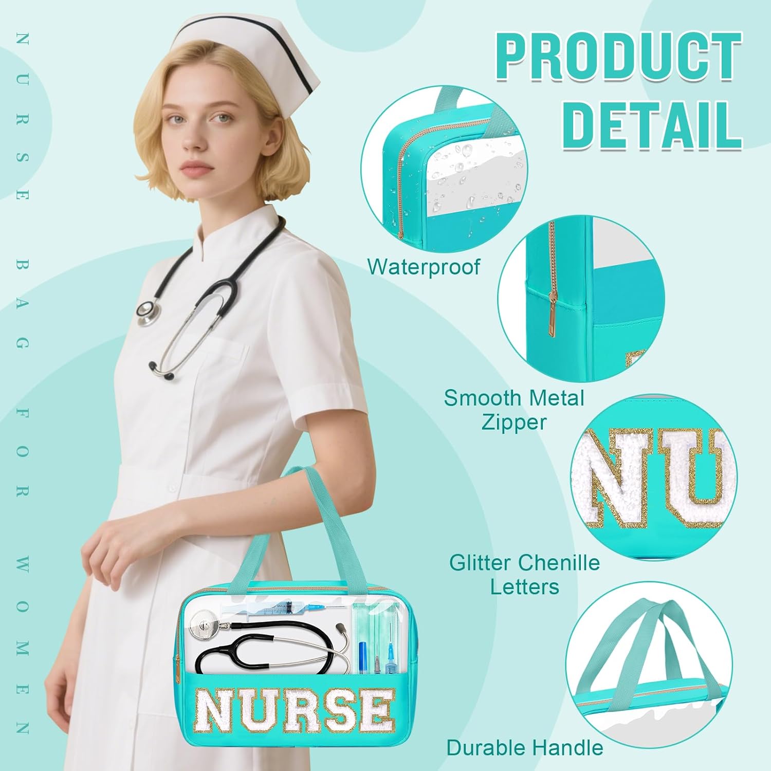 Nurses Week Gifts Chenille Letter NURSE Makeup Bag for Women,Preppy Nurse Cosmetic Pouch Zipper with Handle Nurse Essentials Bag for Work Supplies,Medical Assistant Bag Nursing Students(NURSE-Green)