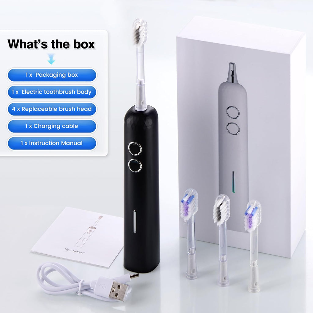 Electric Toothbrush for Adults Sonic Vibration Deep Mouth Cleaning Teeth Whitening Free 4 Toothbrush Heads Super Soft Bristles 3 Modes 90 Days Lifespan IPX7 Waterproof (Color Available)